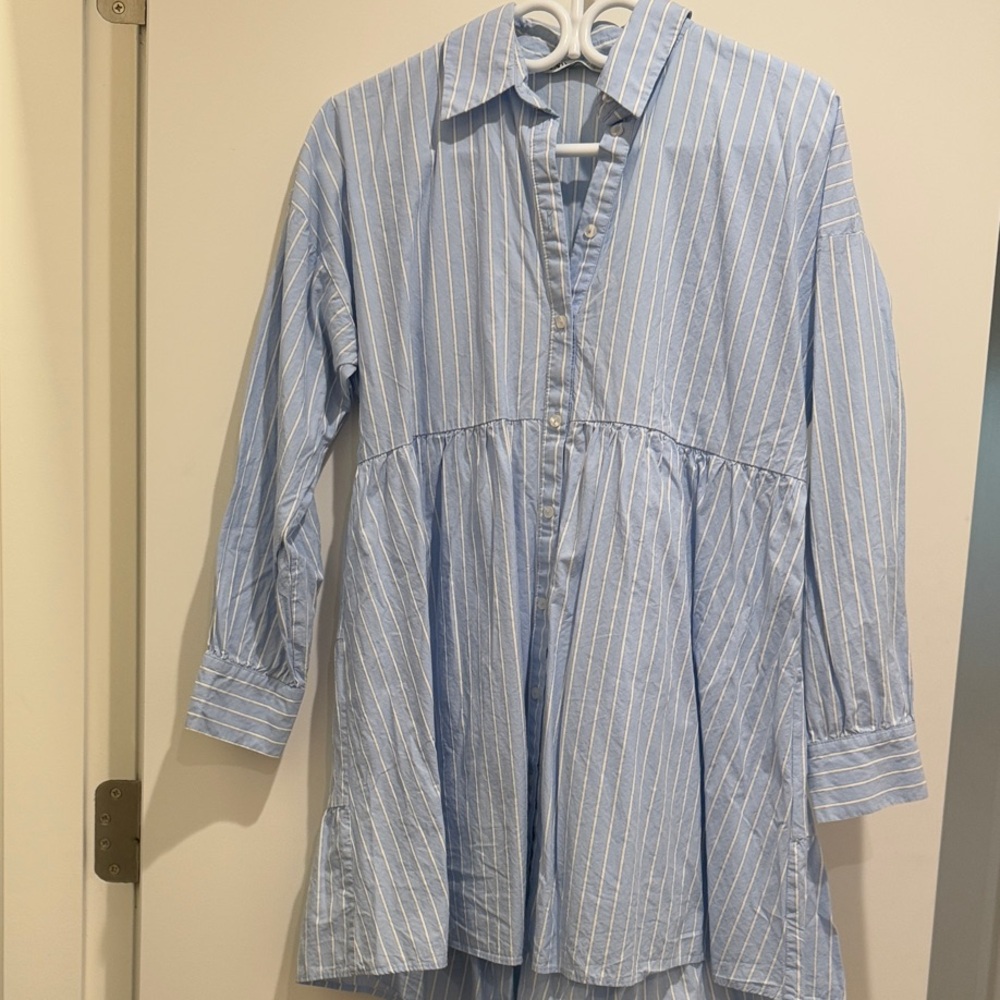 Zara Light Blue and White Striped Dress